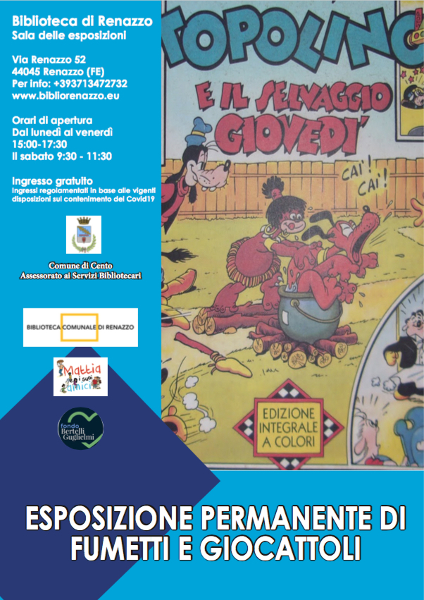 locandina con informazioni esposizione orari biblioteca e disegno fumetto Topolino