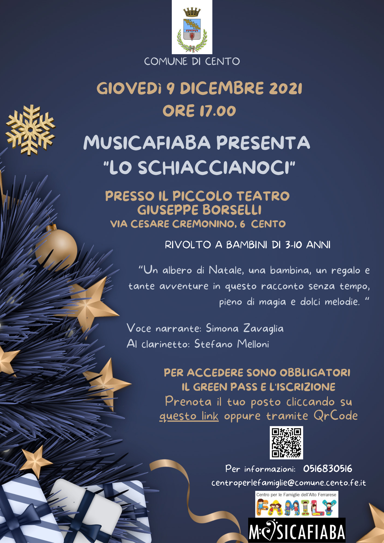 locandina dell'evento con disegnato albero di natale dorato illuminato