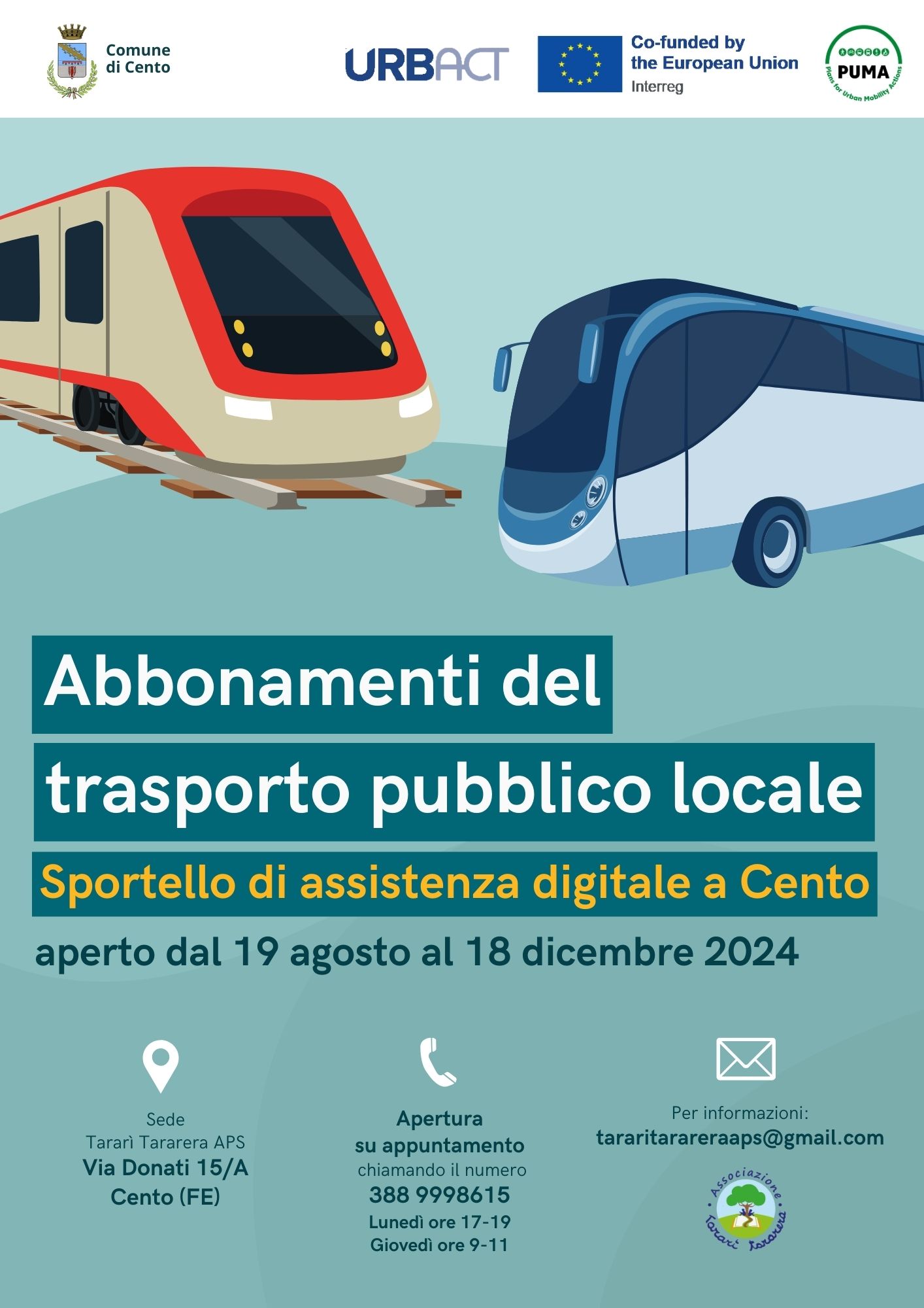 locandina apertura sportello con disegno mezzi pubblici autobus e treno