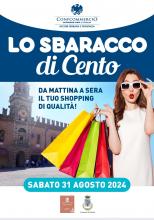 locandina con acquirente entusiasta con occhiali da sole e shopper colorate